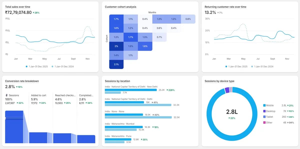 Shopify analytics for the store, full year 2025 against 2024 (marketing portfolio, page 9).